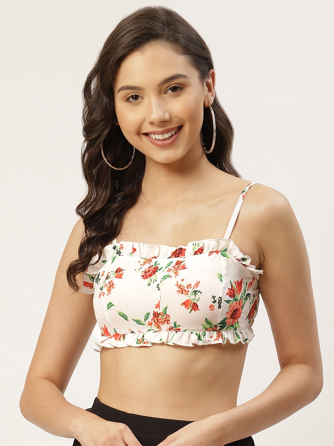 

Besiva White & Red Floral Print Bralette Crop Top