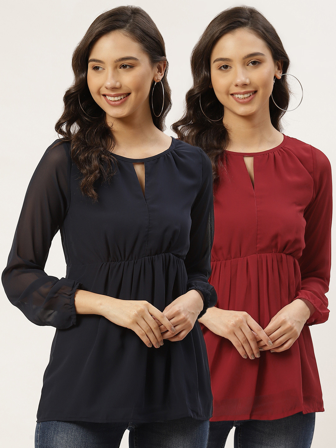 

Besiva Pack Of 2 Solid Keyhole Neck Regular Top, Navy blue