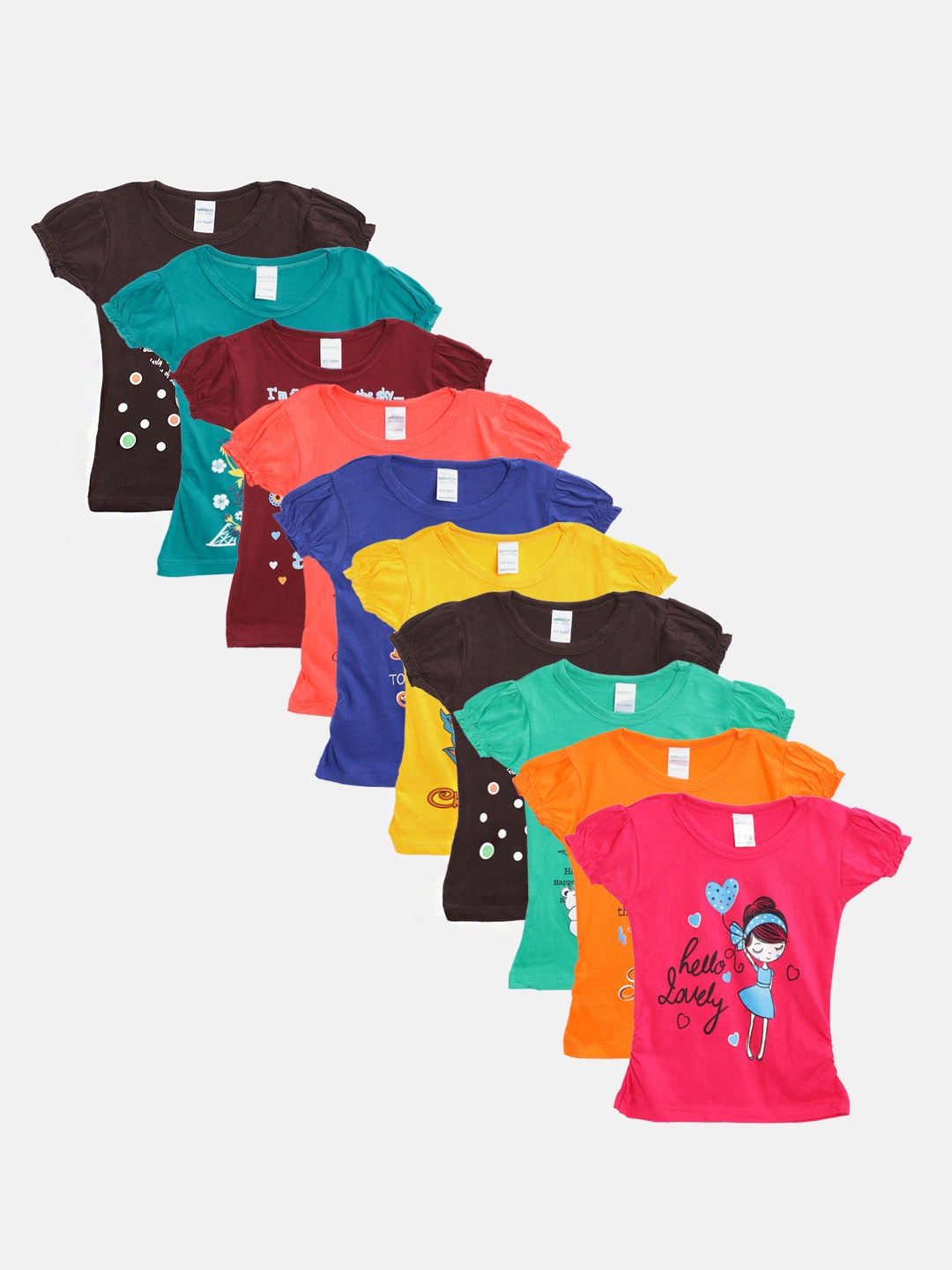 

MANZON Girls Pack of 10 Cotton Printed Tops, Multi