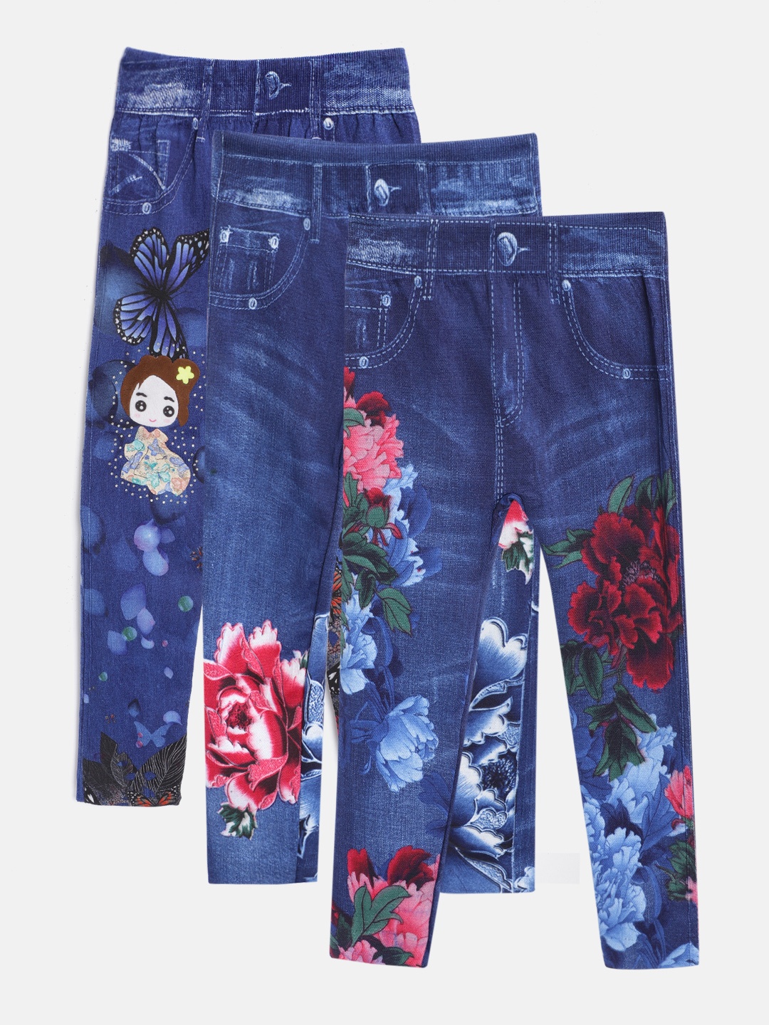 

MANZON Girls Pack Of 3 Pure Cotton Printed Jeggings, Blue