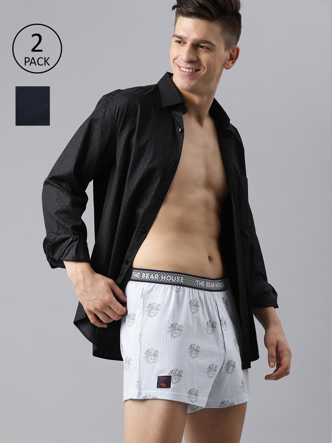 

THE BEAR HOUSE Men Pack of 2 Printed Boxers, Navy blue