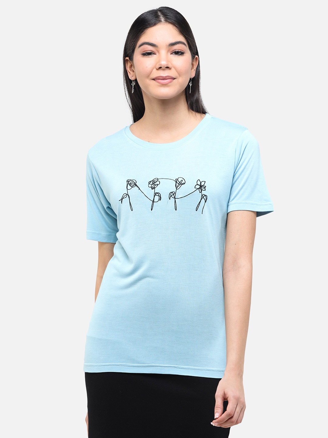 

DECHEN Women Blue Printed Round Neck T-shirt