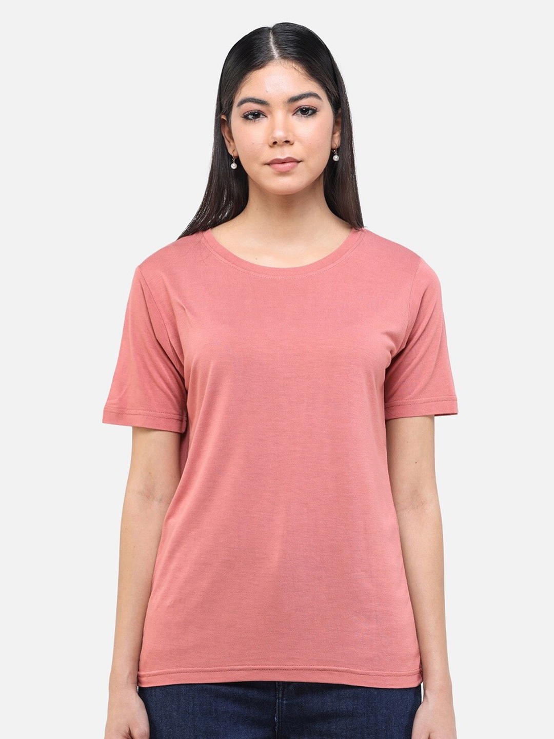 

DECHEN Women Peach-Coloured Solid Round Neck T-shirt
