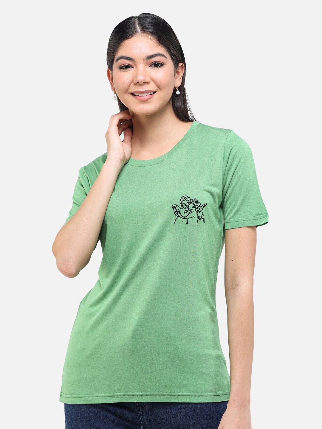 

DECHEN Women Green Solid Round Neck T-shirt