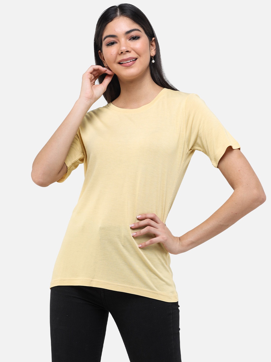 

DECHEN Women Yellow Solid Round Neck T-shirt