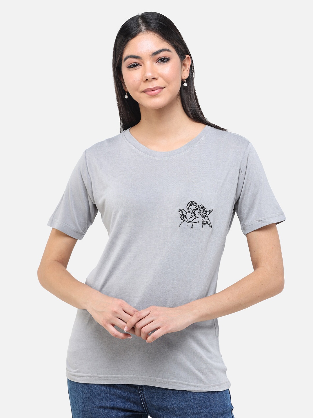 

DECHEN Women Grey Solid Round Neck T-shirt