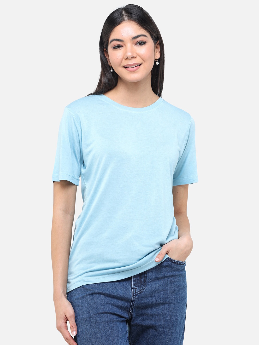 

DECHEN Women Blue Solid Round Neck T-shirt