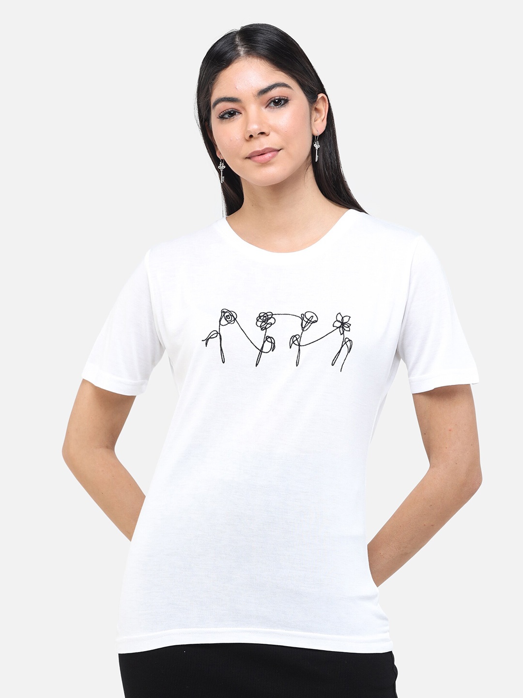 

DECHEN Women White Printed Round Neck T-shirt