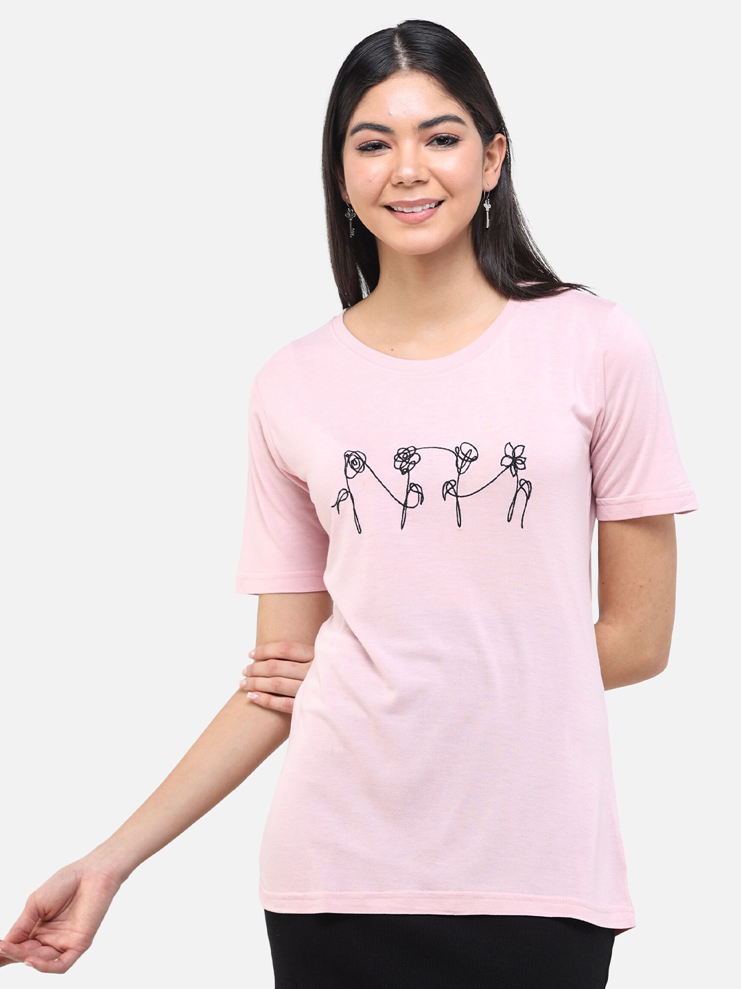 

DECHEN Women Pink Printed Boat Neck T-shirt