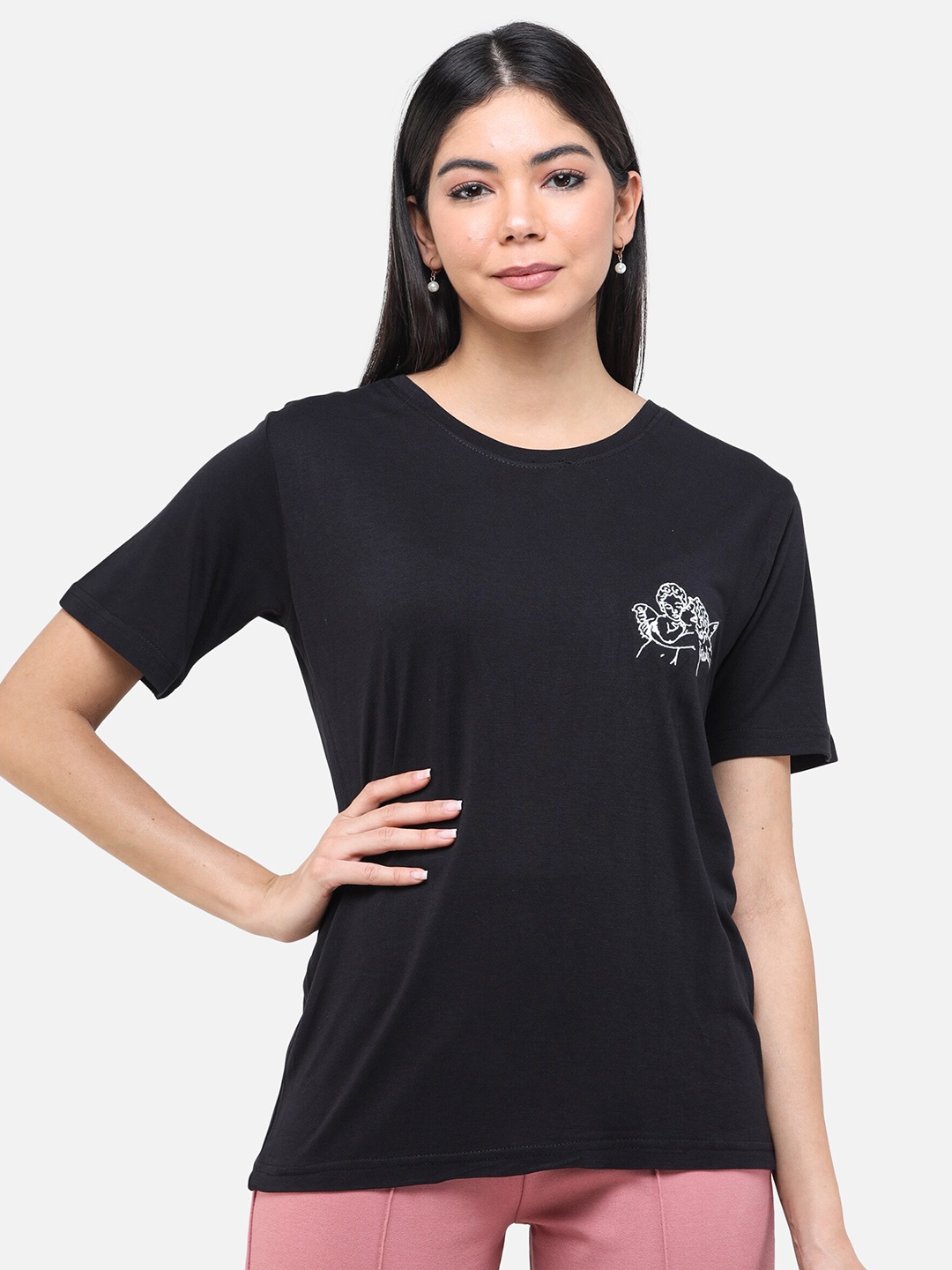 

DECHEN Women Black Solid Round Neck T-shirt