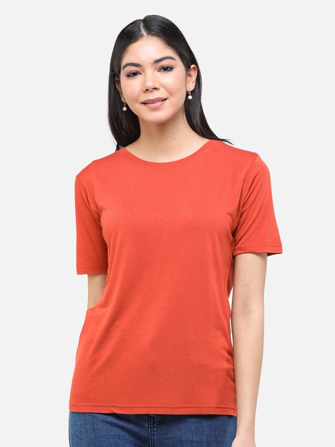 

DECHEN Women Orange Solid Round Neck T-shirt
