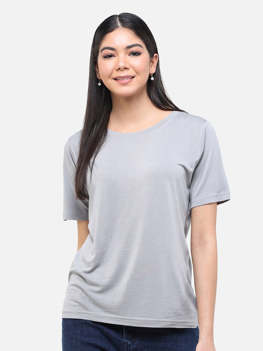 

DECHEN Women Grey Solid Boat Neck T-shirt