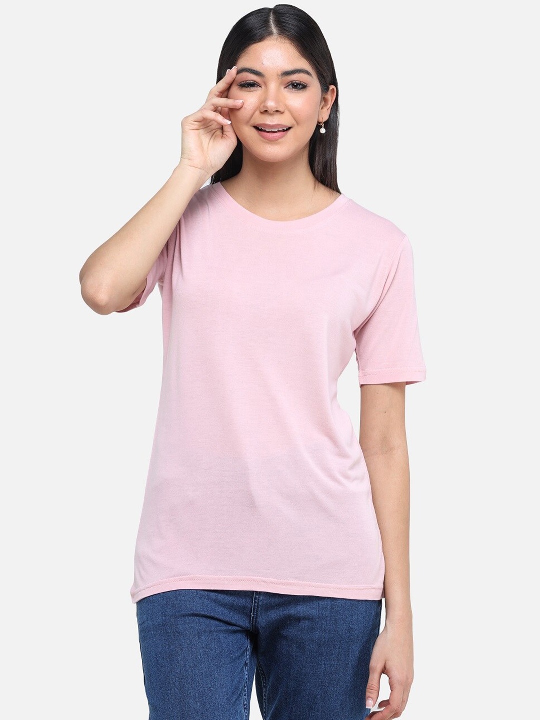 

DECHEN Women Pink Solid Round Neck T-shirt