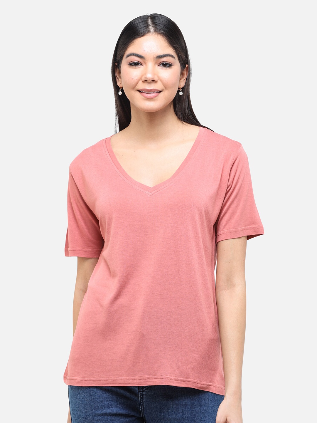 

DECHEN Women Peach-Coloured Solid V-Neck T-shirt