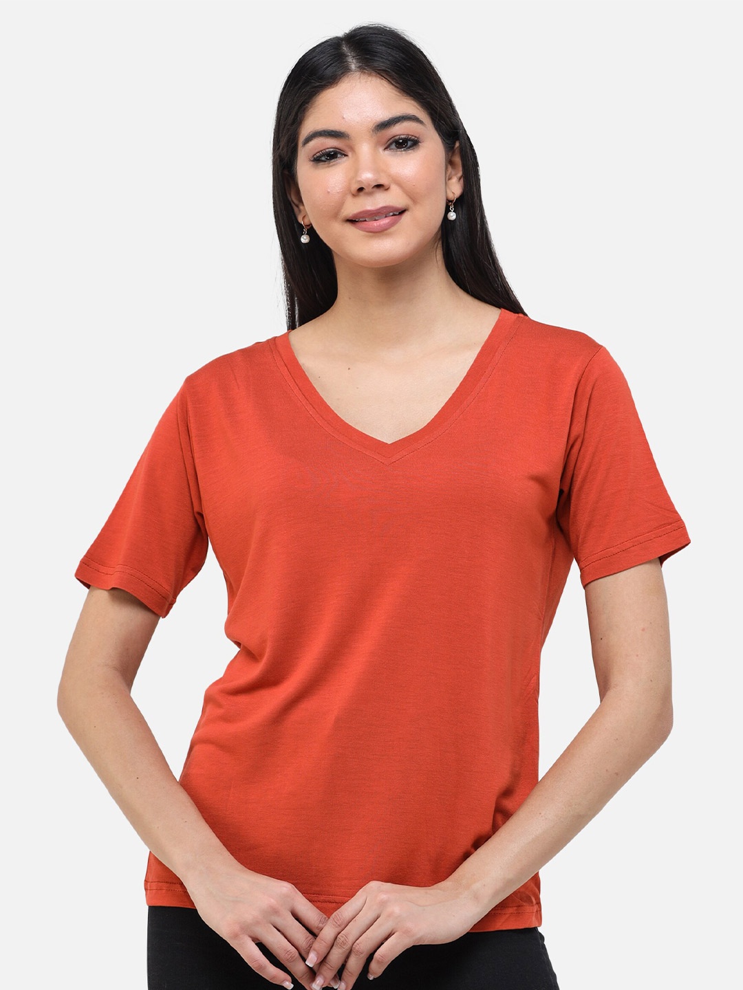 

DECHEN Women Orange Solid V-Neck T-shirt