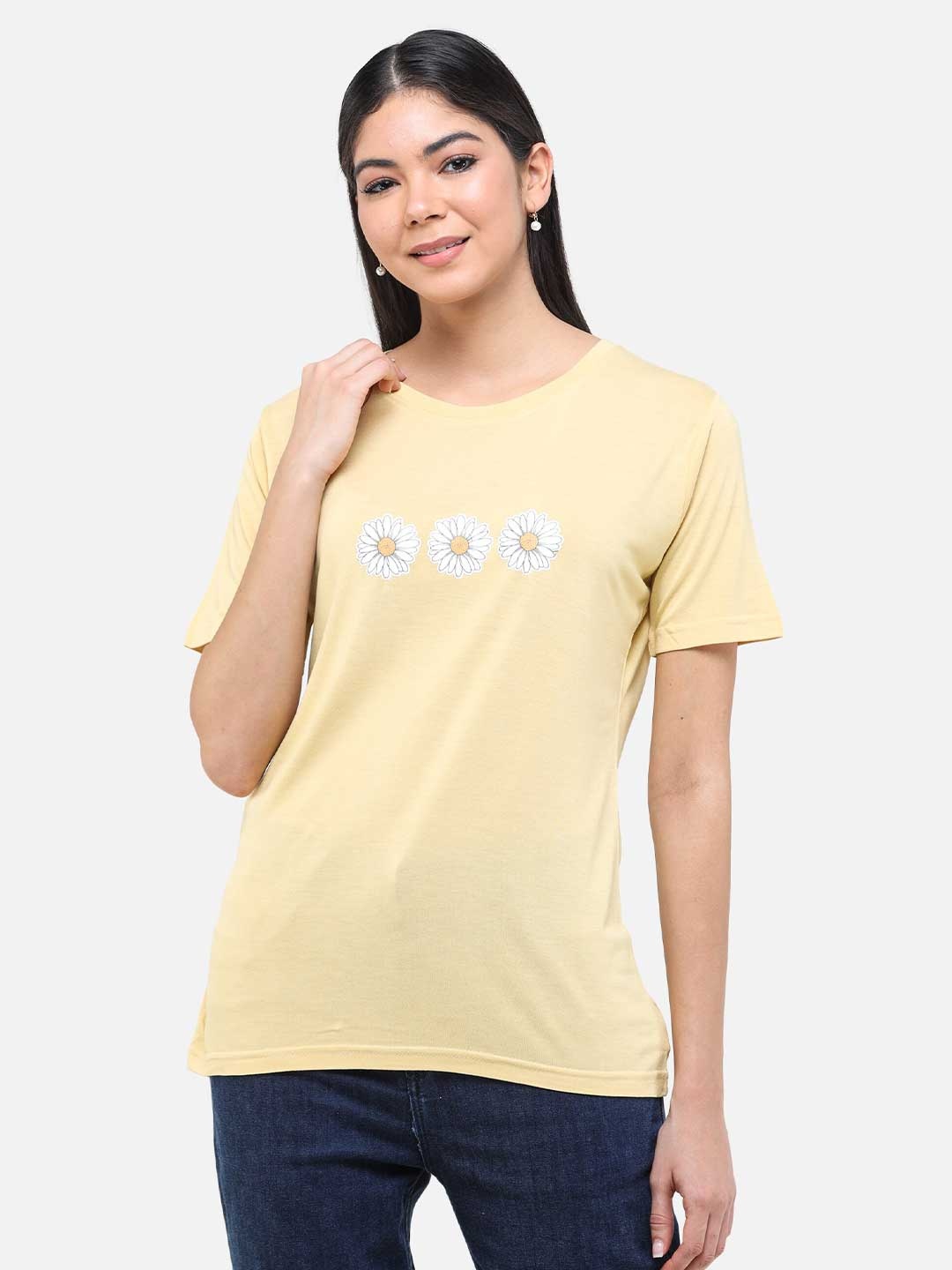 

DECHEN Women Yellow Printed Round Neck T-shirt