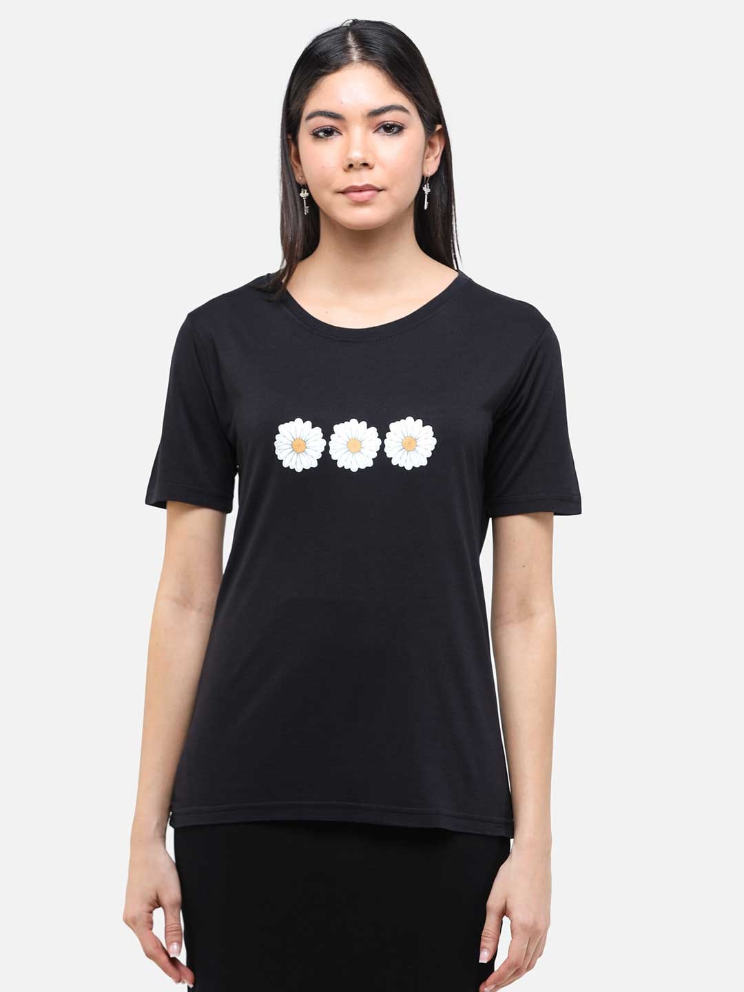 

DECHEN Women Black Printed Round Neck T-shirt