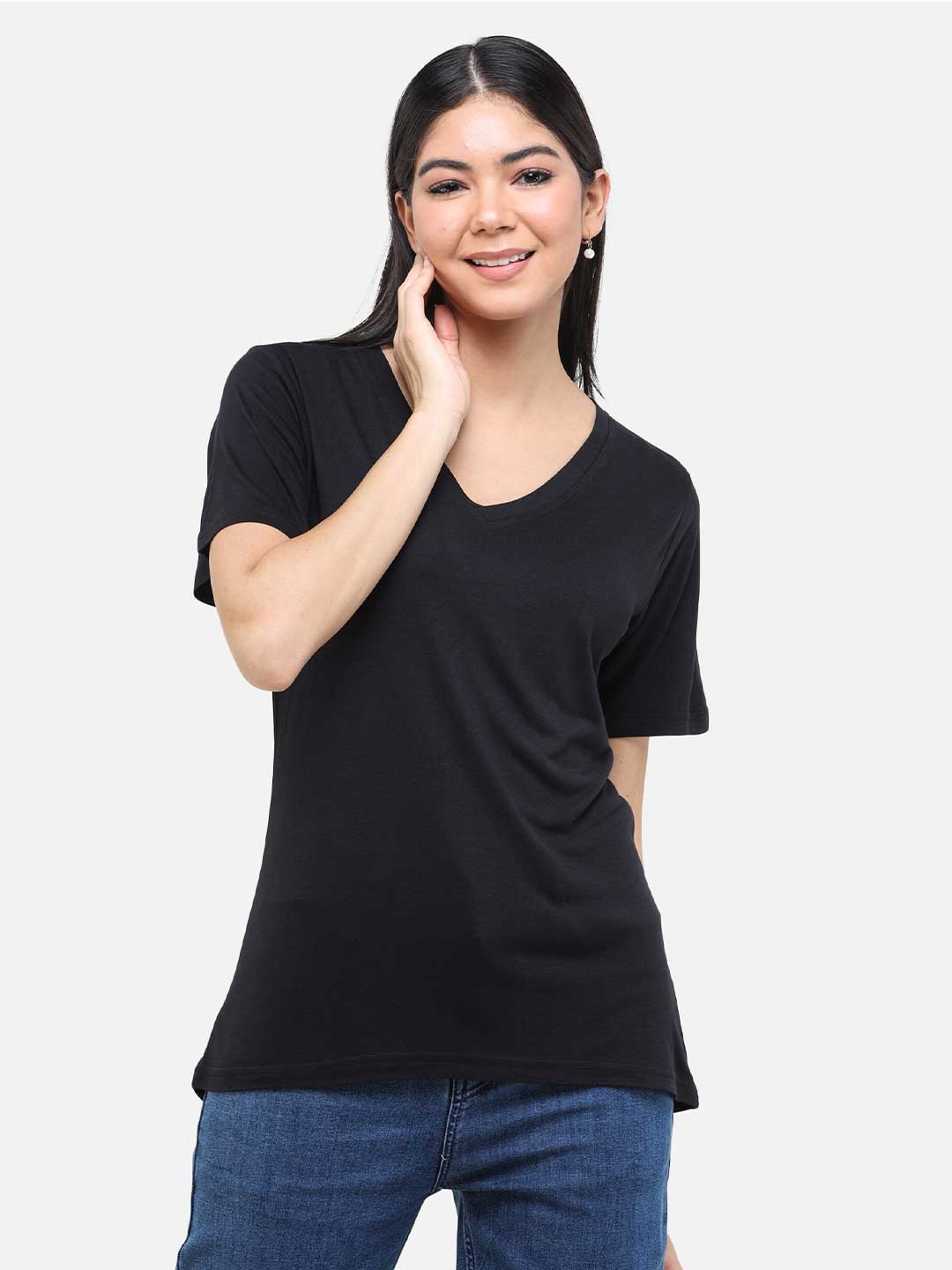 

DECHEN Women Black Solid V-Neck T-shirt