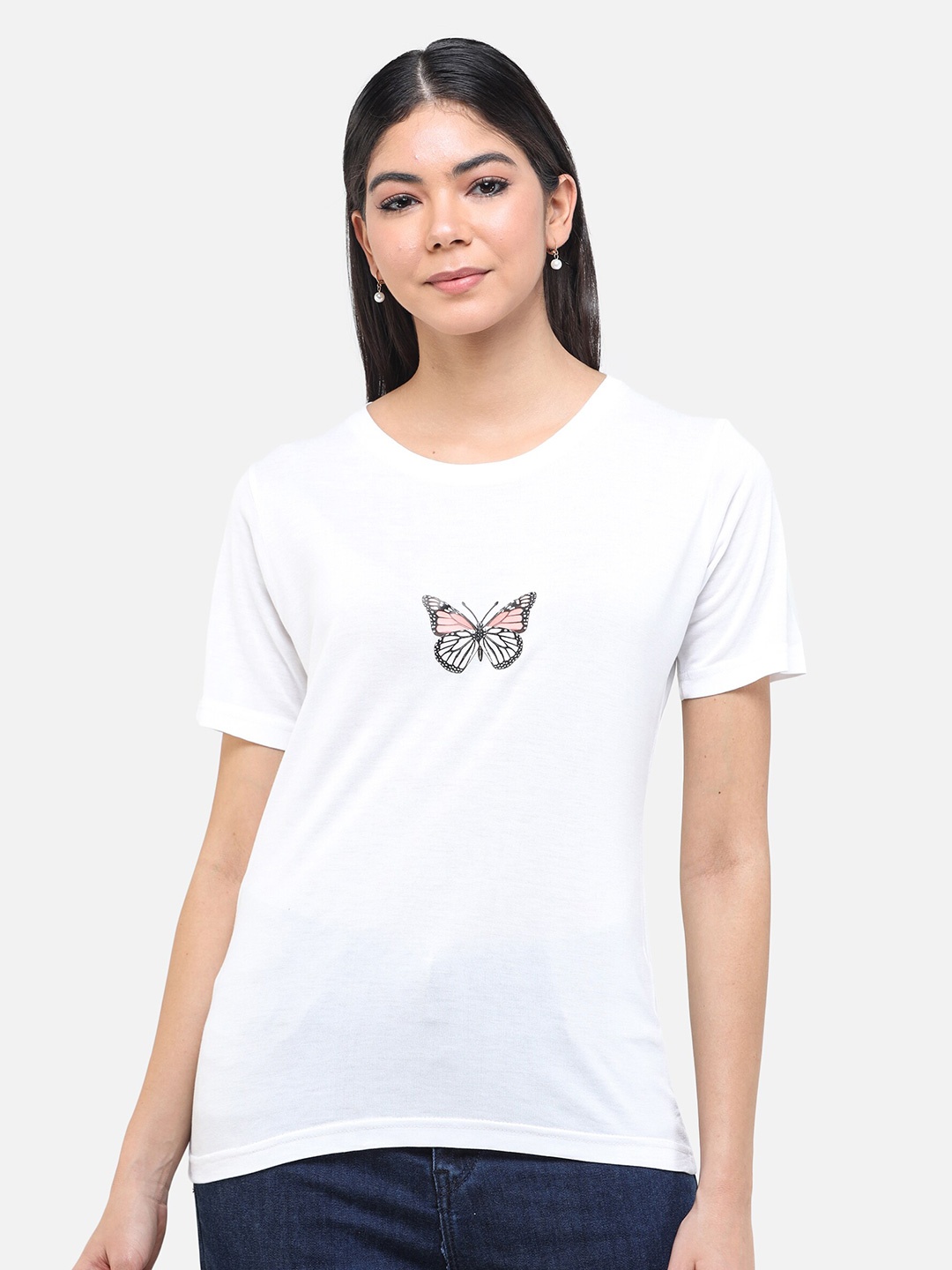 

DECHEN Women White Printed Round Neck T-shirt