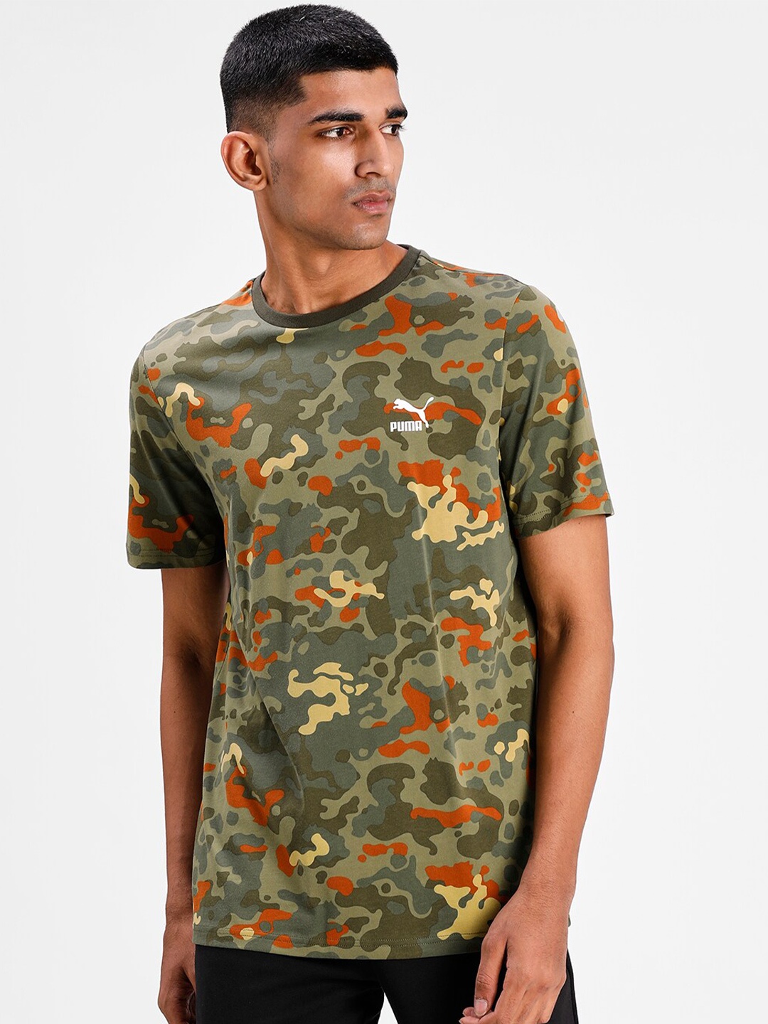 

Puma Men Olive Green Printed Round Neck Cotton T-shirt