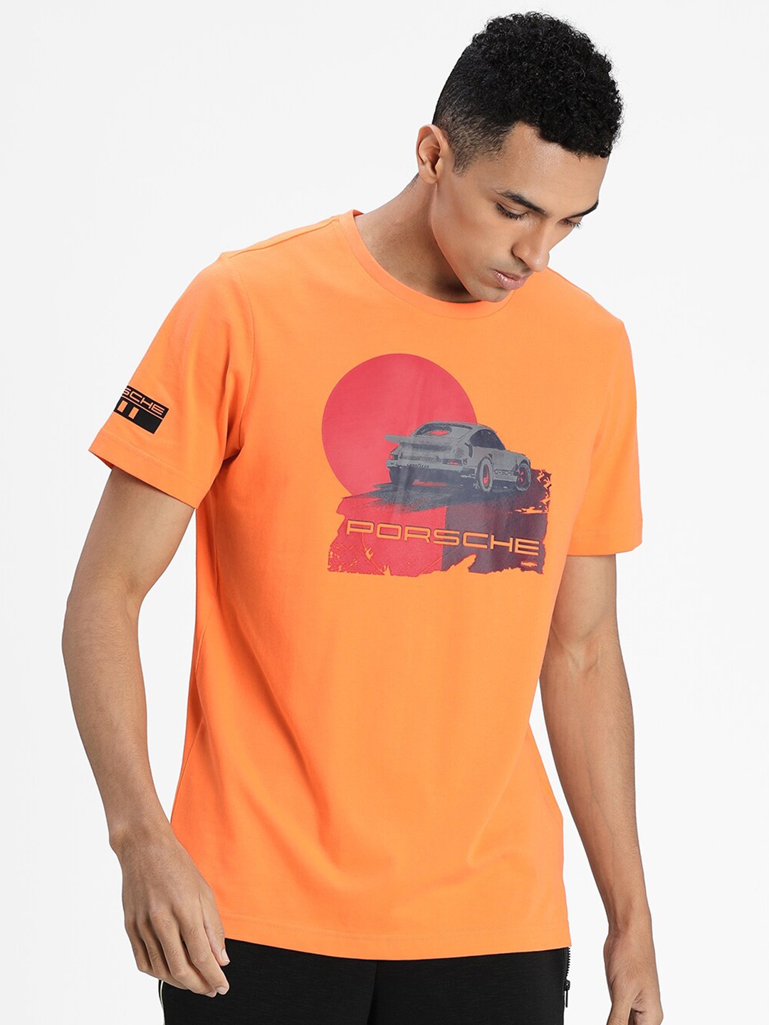 

Puma Men Orange Printed Round Neck Cotton T-shirt