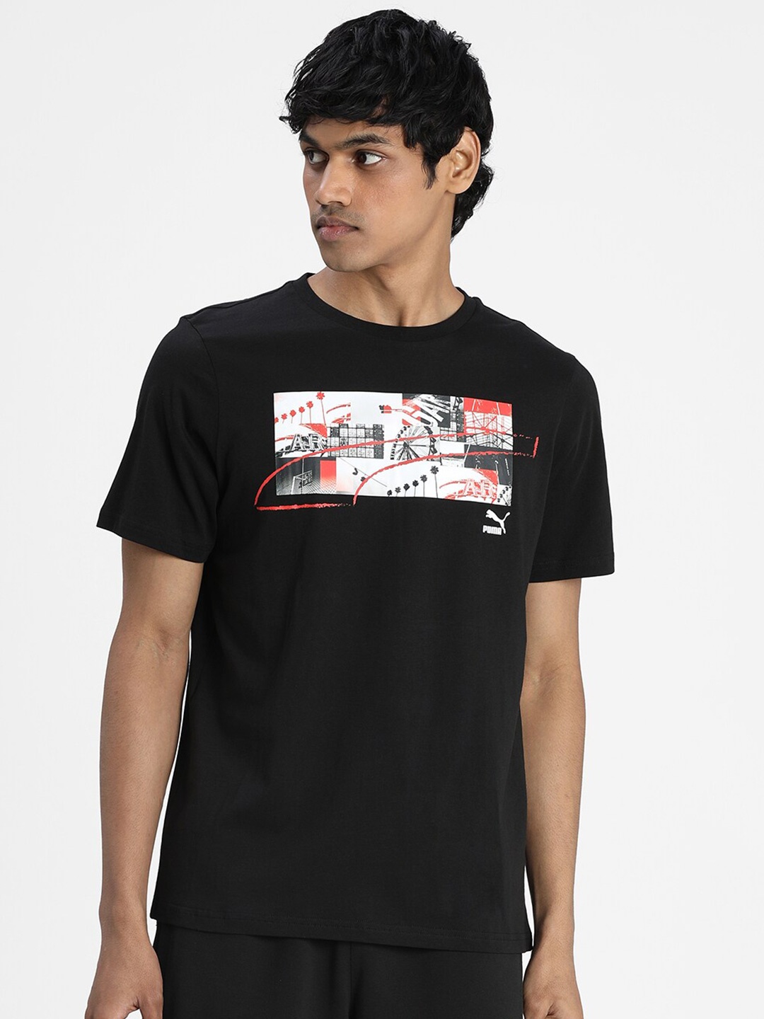 

Puma Men Black Printed Round Neck Cotton T-shirt