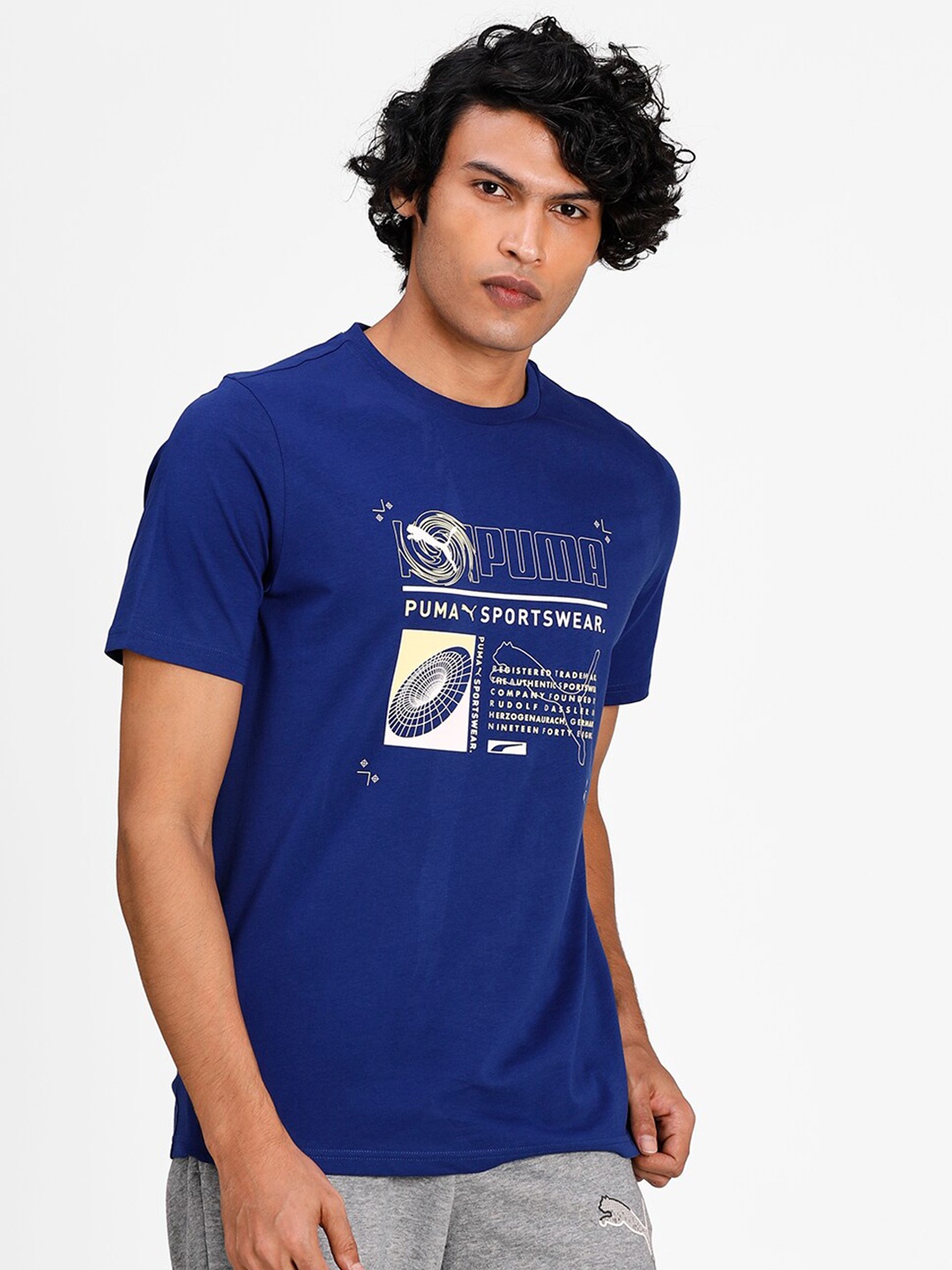 

Puma Men Blue Printed Round Neck Cotton T-shirt