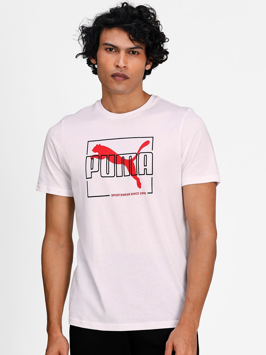 

Puma Men White Printed Round Neck Cotton T-shirt