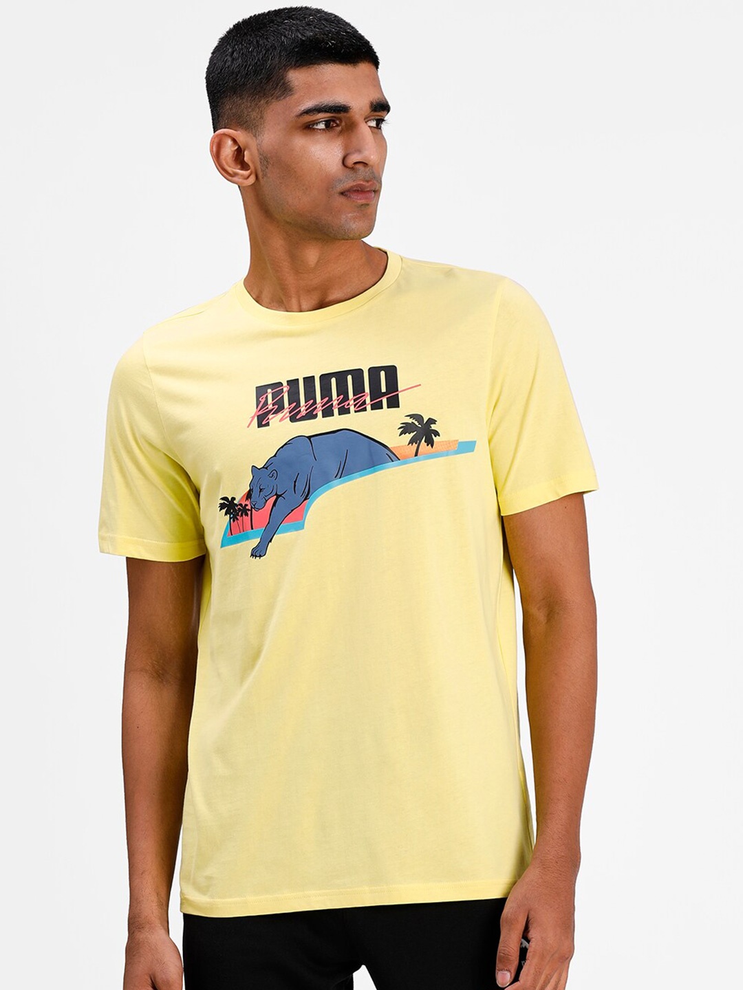 

Puma Men Yellow Printed Round Neck Cotton T-shirt
