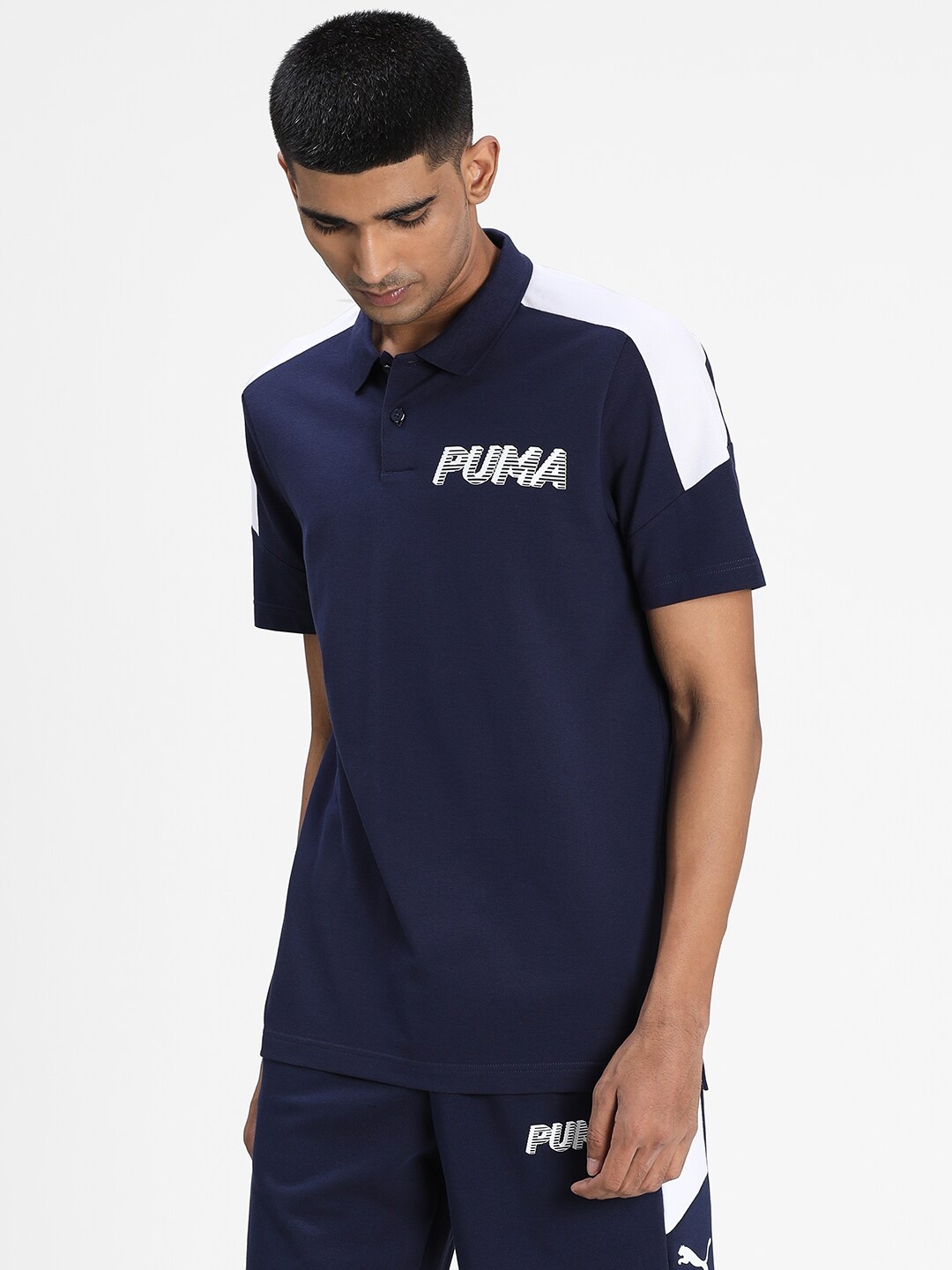 

Puma Men Navy Blue Solid Polo Collar Cotton T-shirt