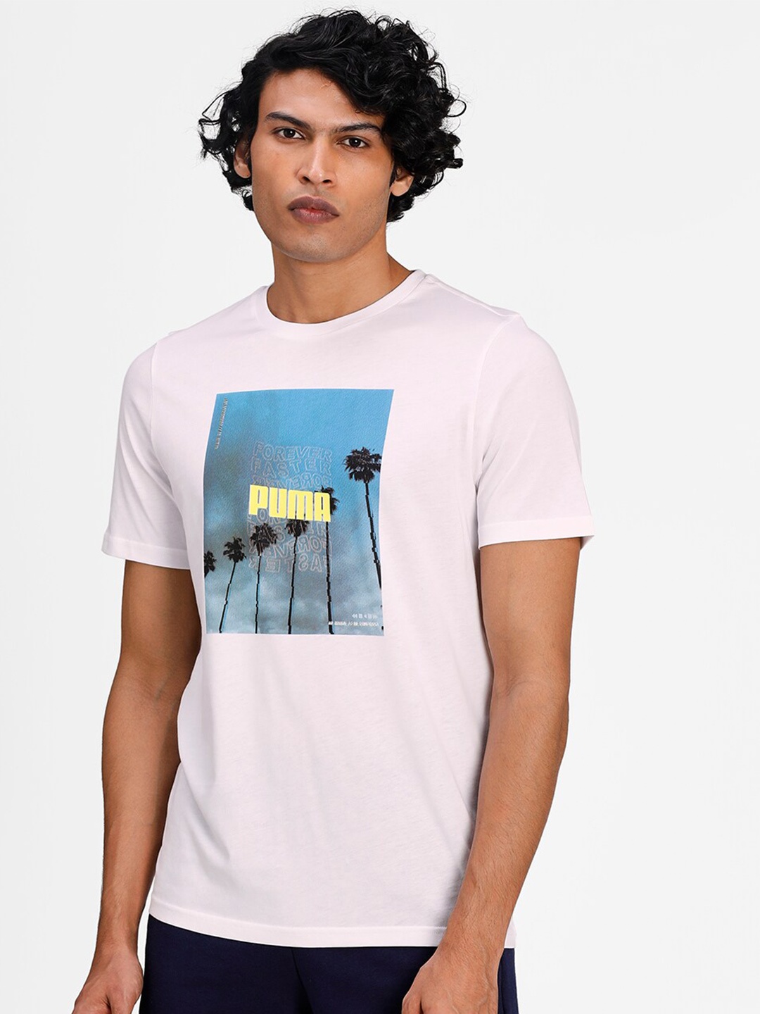

Puma Men White Printed Round Neck Cotton T-shirt