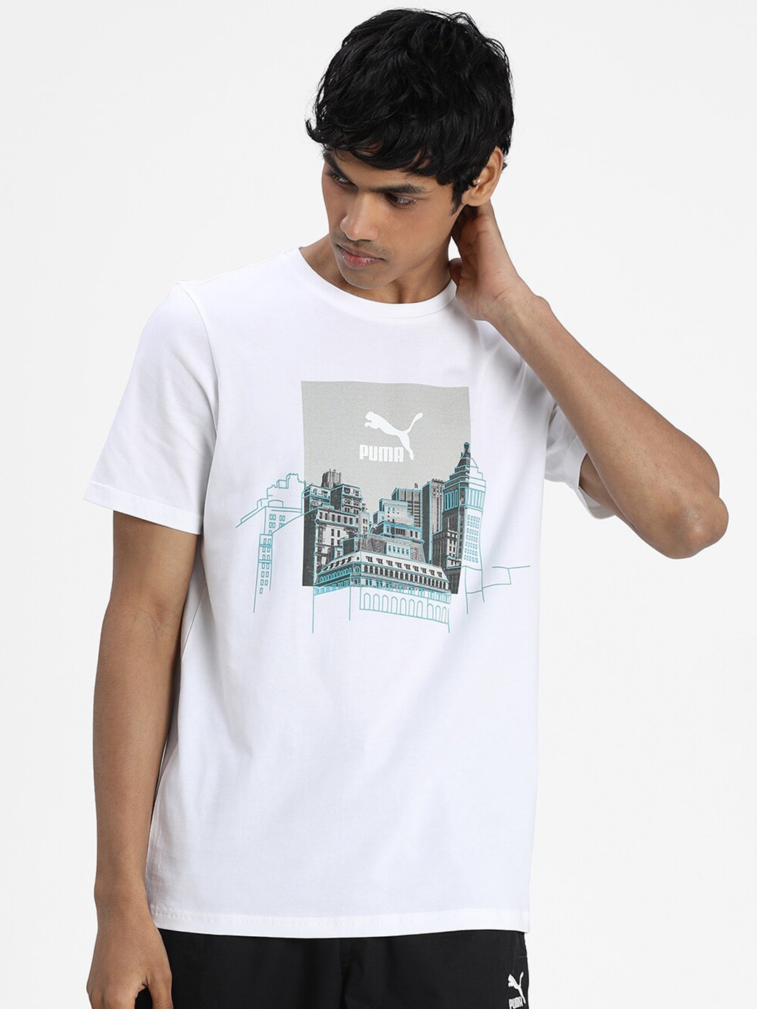 

Puma Men White Printed Round Neck Cotton T-shirt
