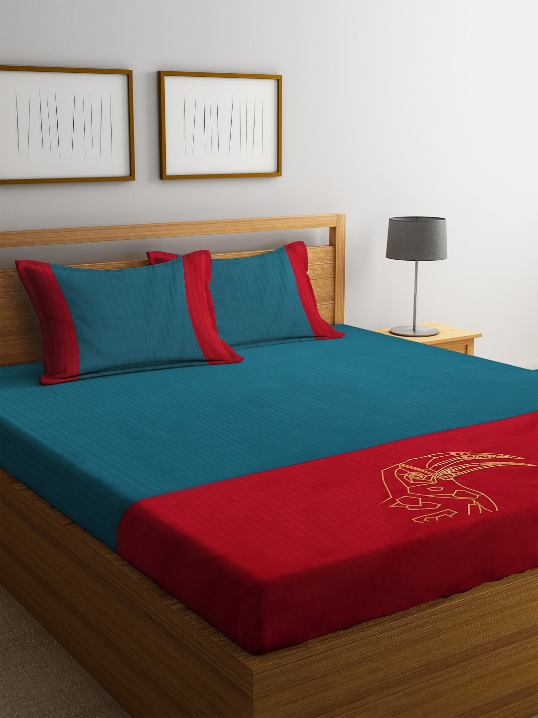 

DECOREALM Teal Blue & Red Solid 300 TC Cotton 1 King Bedsheet with 2 Pillow Covers