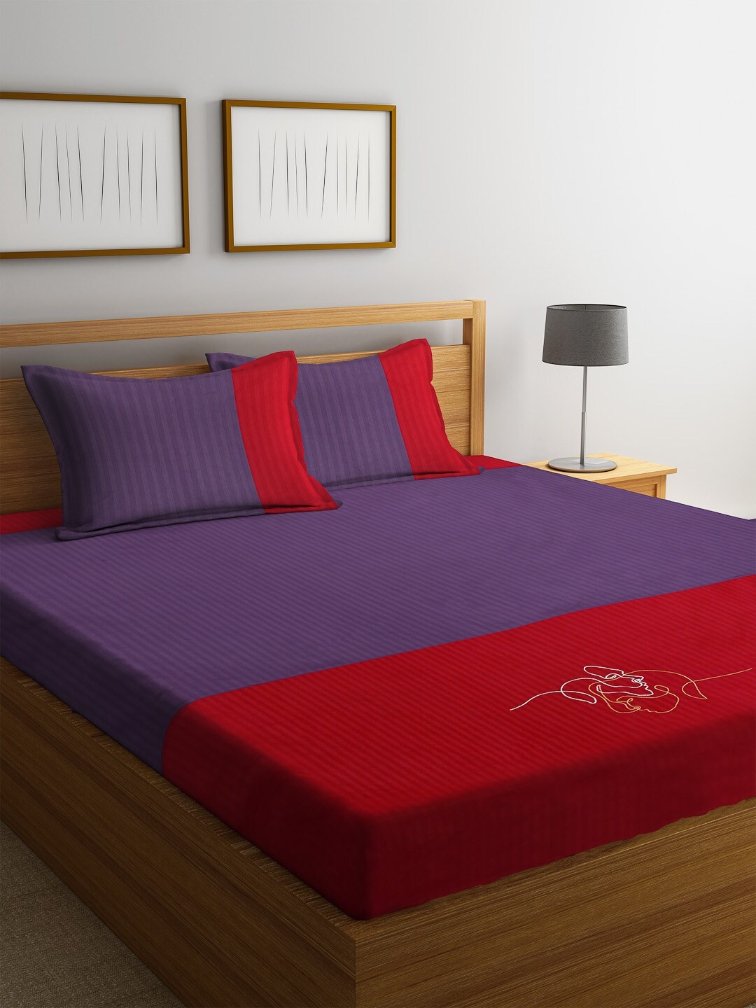 

DECOREALM Purple & Red Striped 300 TC Cotton 1 King Bedsheet with 2 Pillow Covers
