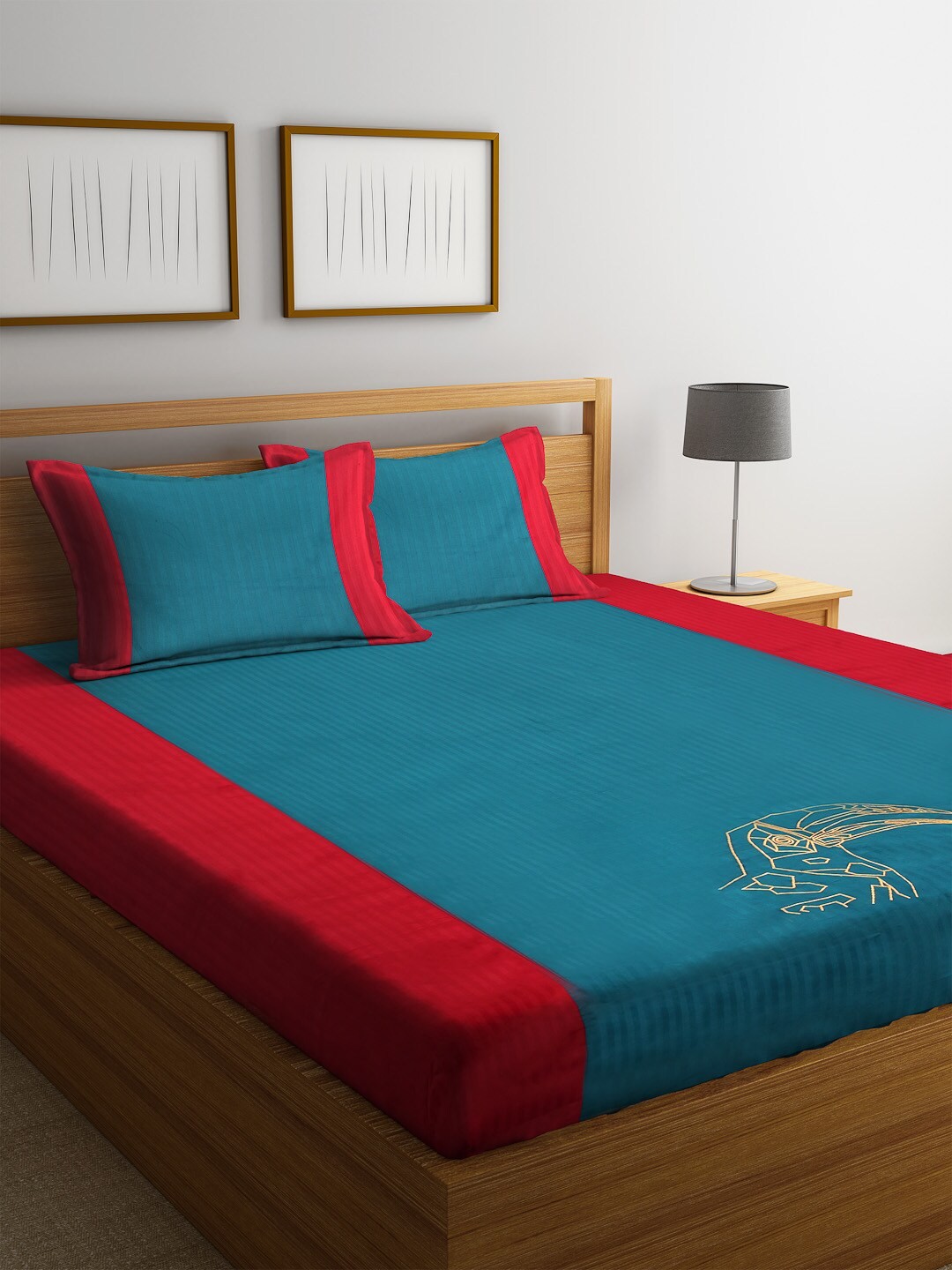 

DECOREALM Teal Blue & Red Striped 300 TC Cotton 1 King Bedsheet with 2 Pillow Covers