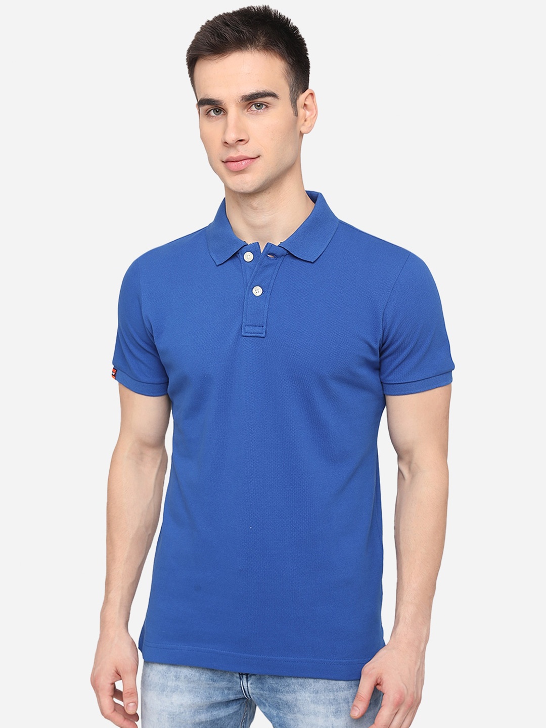 

JADE BLUE Men Blue Solid Polo Collar Pure Cotton T-shirt