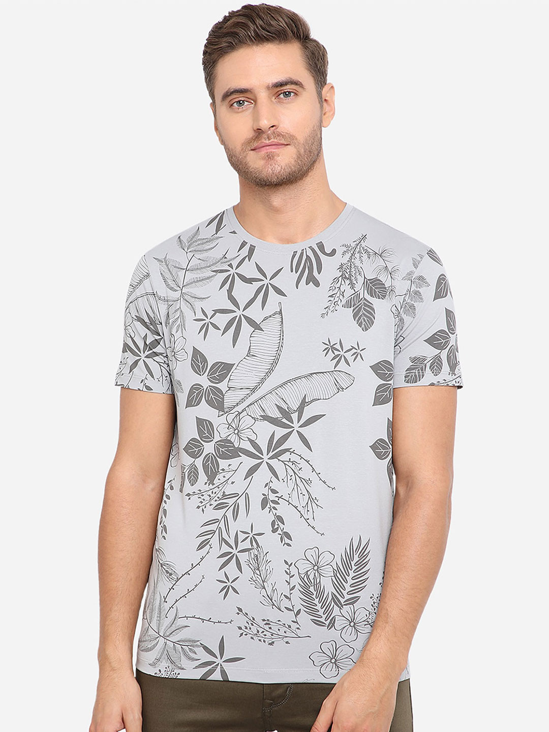 

JADE BLUE Men Grey Printed Round Neck T-shirt