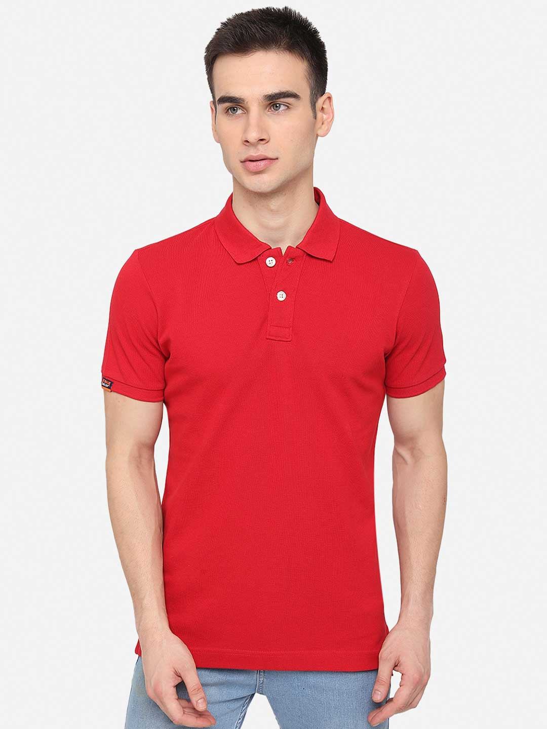 

JADE BLUE Men Red Solid Polo Collar Pure Cotton T-shirt