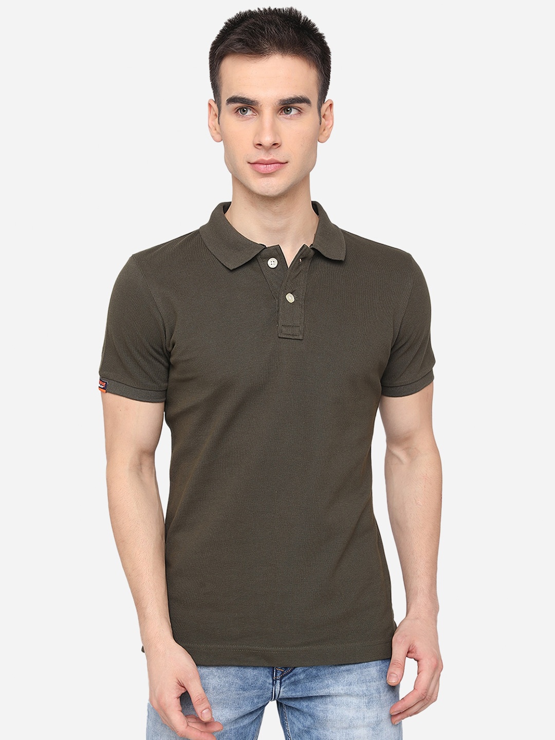 

JADE BLUE Men Olive Green Solid Pure Cotton Polo Collar T-shirt