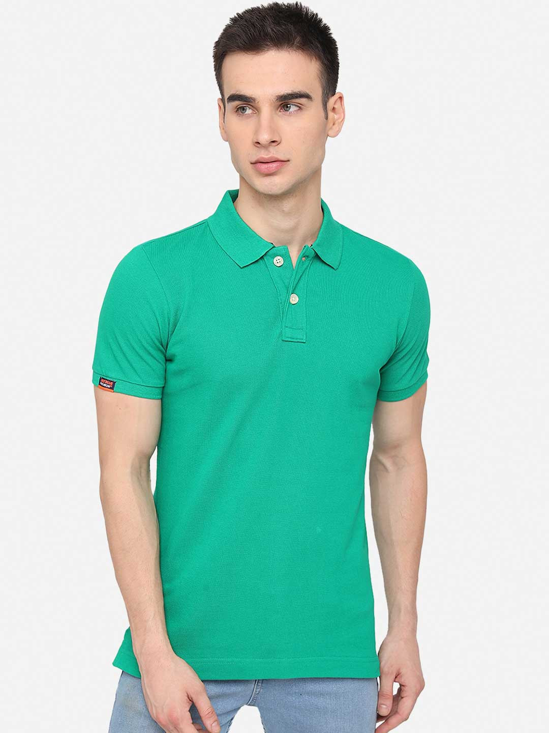 

JADE BLUE Men Green Solid Pure Cotton Polo Collar T-shirt