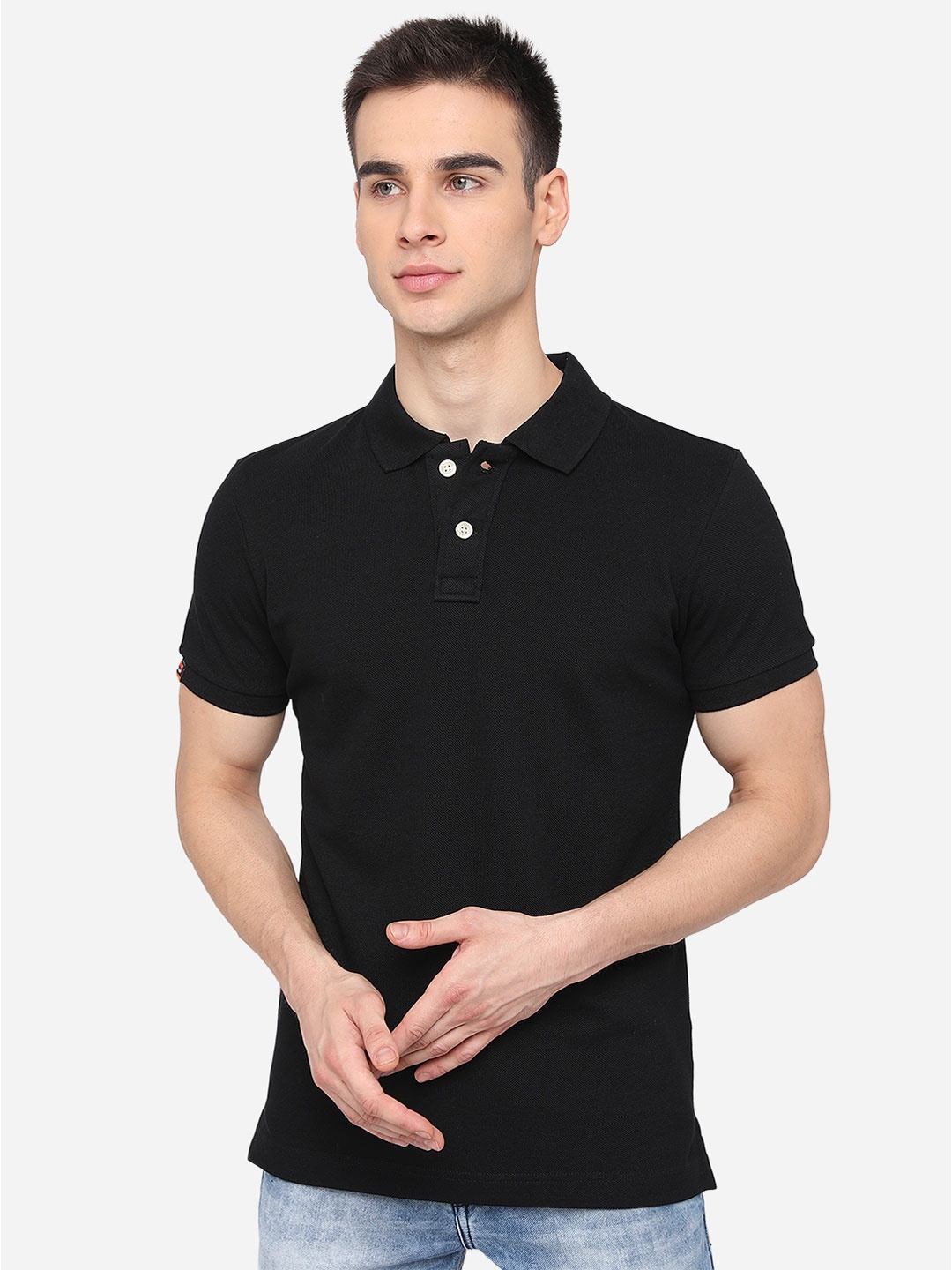 

JADE BLUE Men Black Solid Polo Collar T-shirt