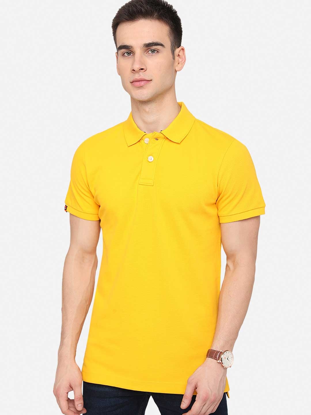 

JADE BLUE Men Yellow Solid Pure Cotton Polo Collar T-shirt