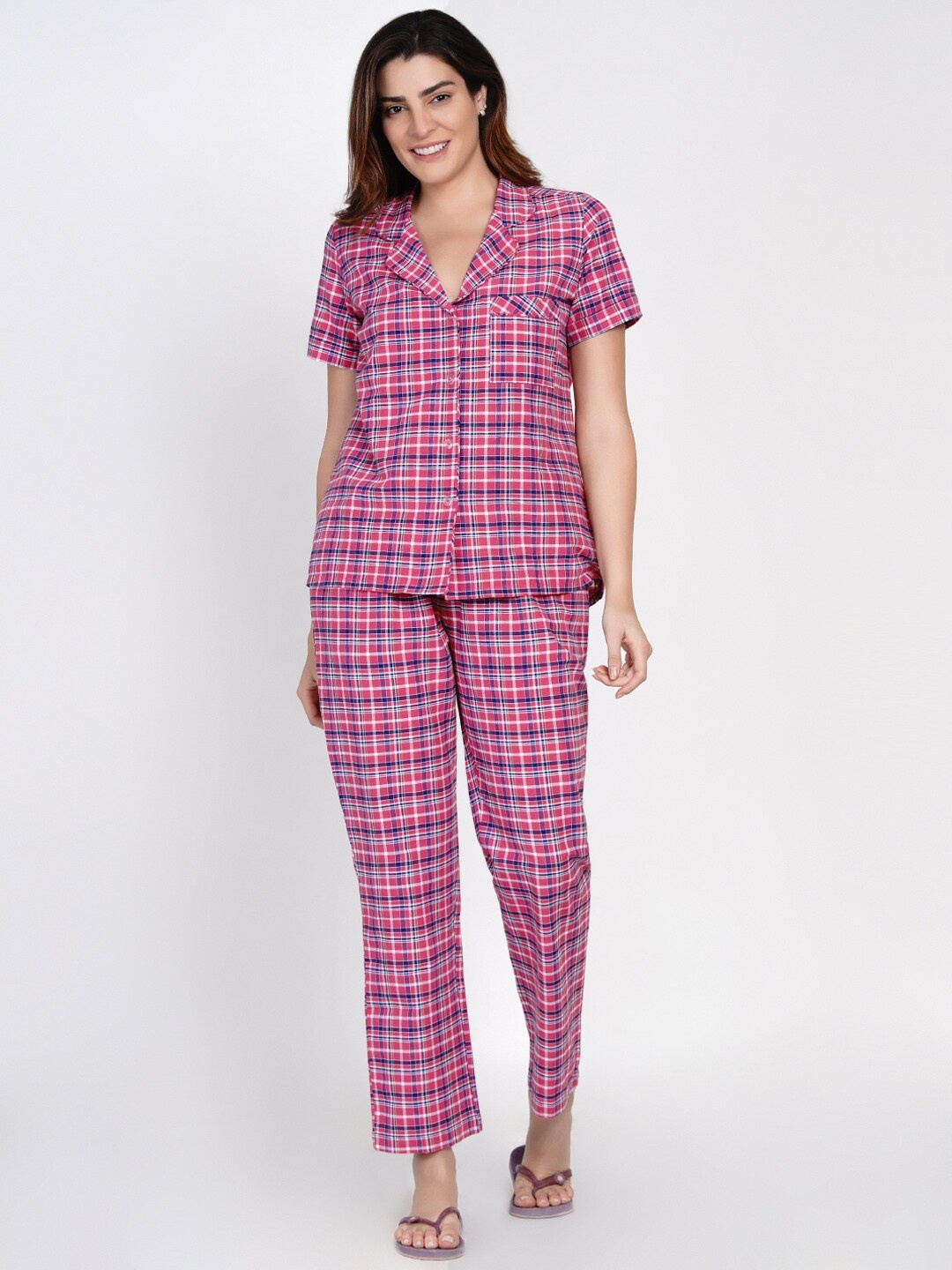 

FABNEST Women Pink & Navy Blue Checked Night suit