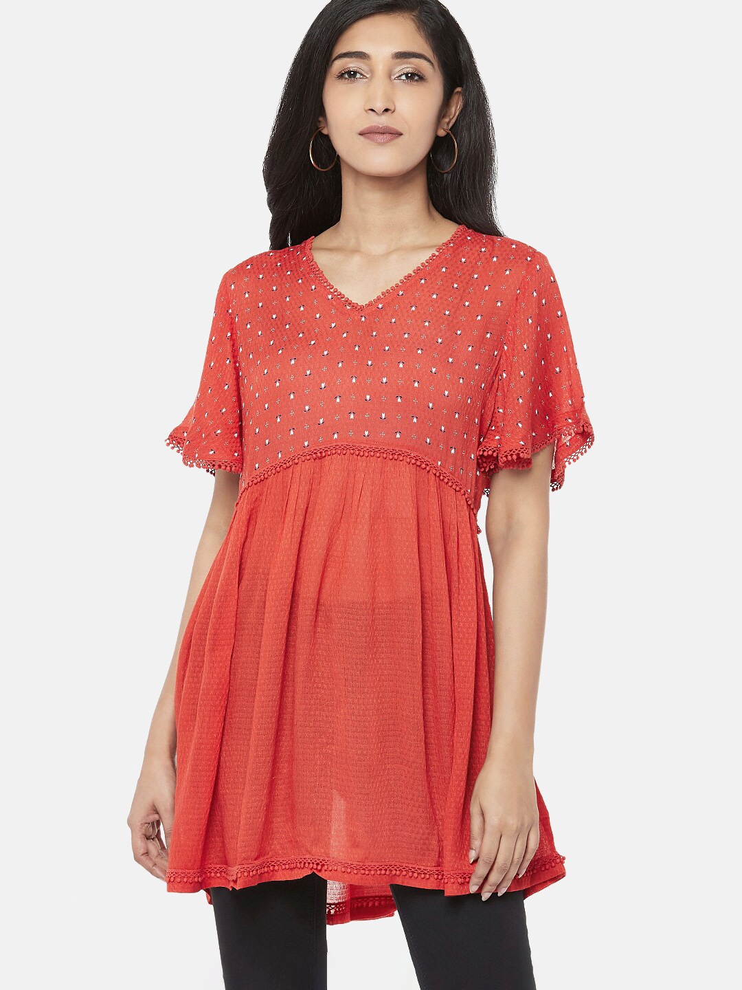 

People Women Orange & White Self Design Tunic