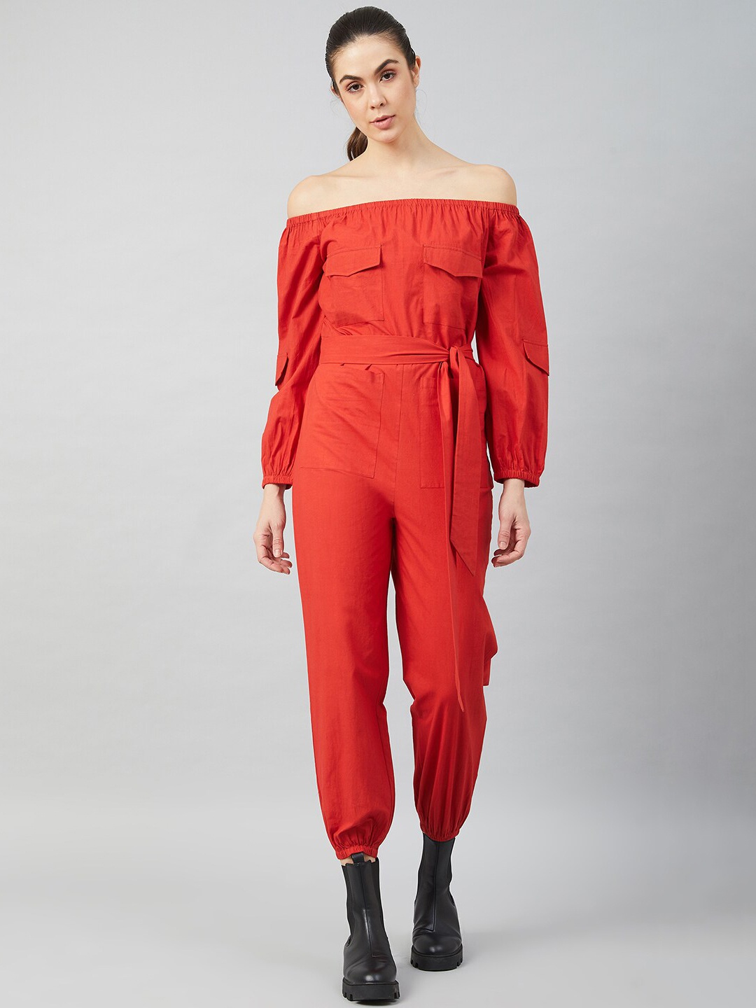 

Athena Women Red Solid Cotton Jumpsuit