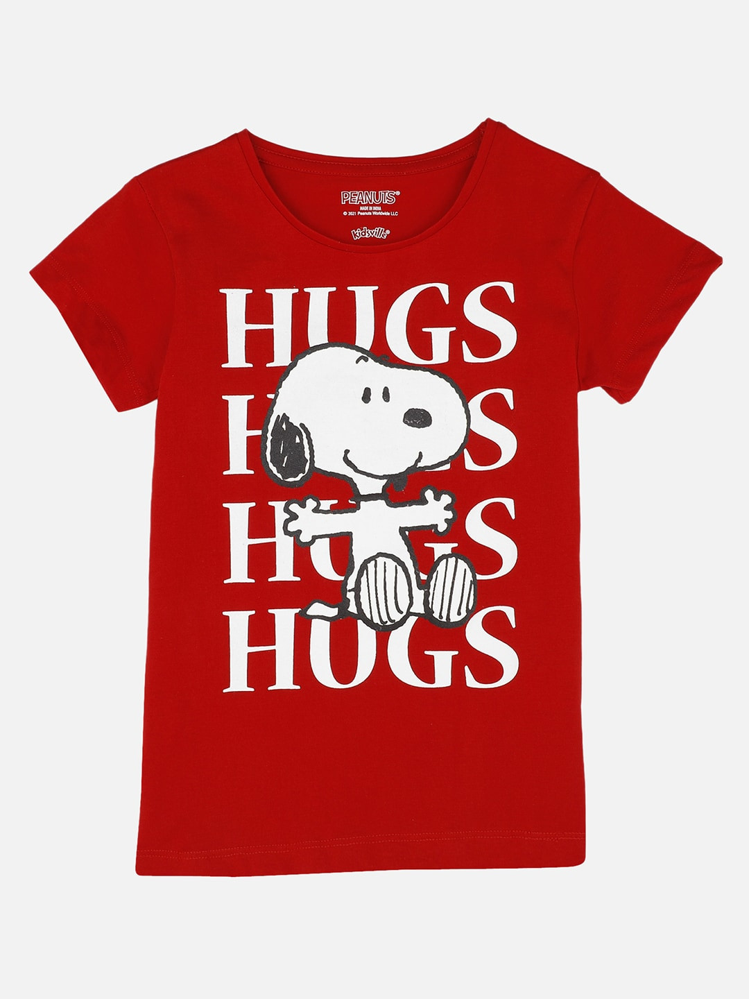 

Kids Ville Girls Red Peanuts Snoopy Printed Round Neck Cotton T-shirt
