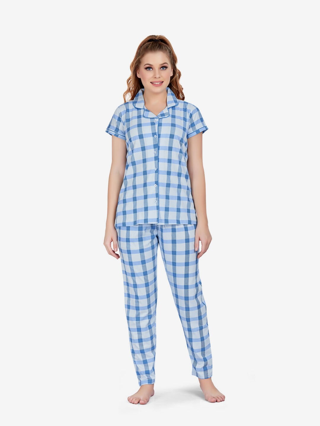 

Lenissa Women Blue Checked Pure Cotton Night Suit