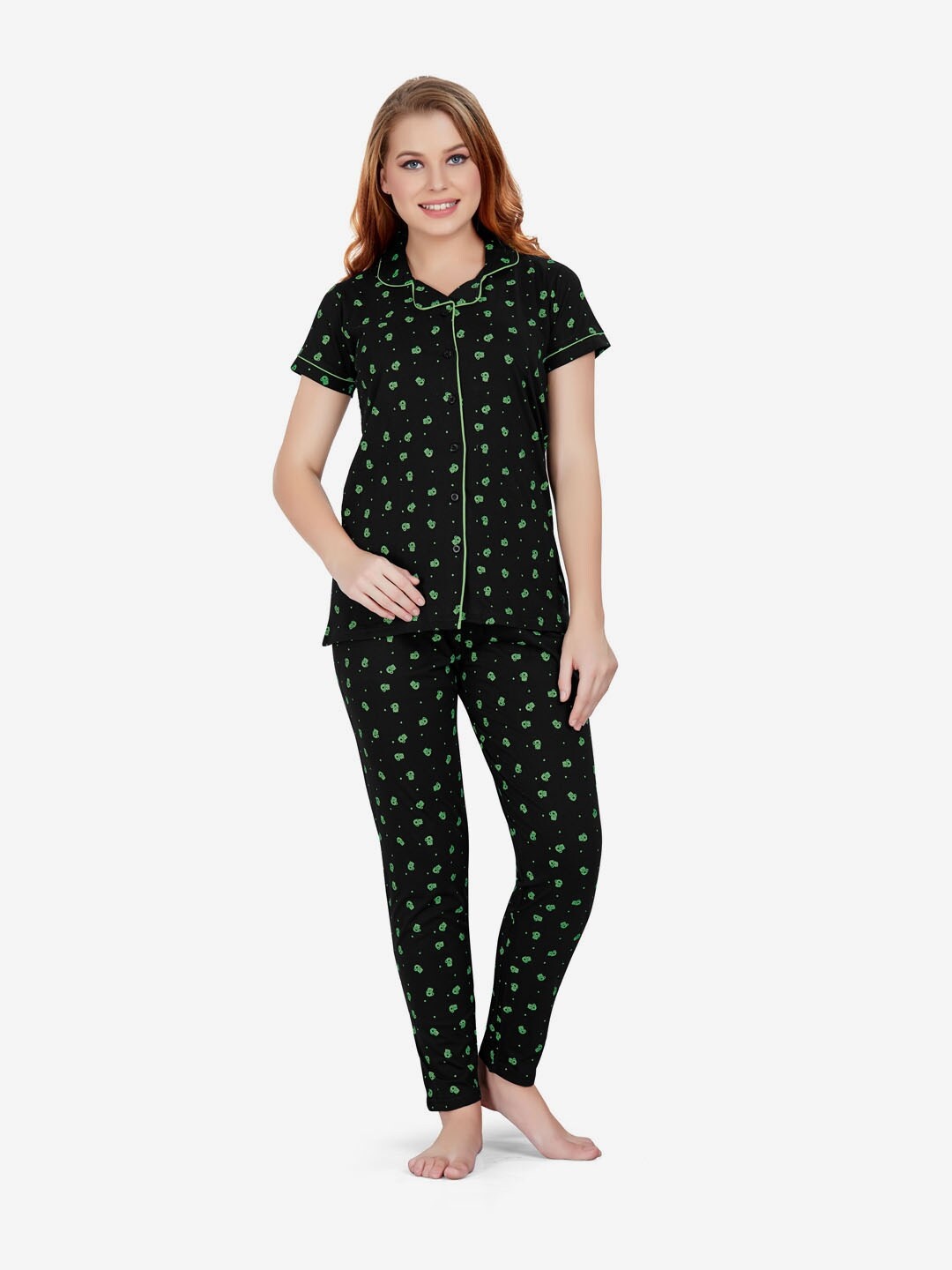 

Lenissa Women Black & Green Printed Cotton Night suit