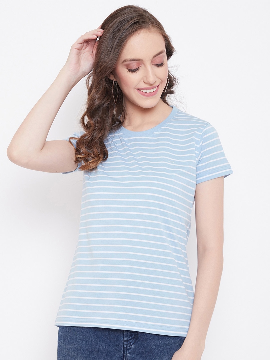 

Okane Women Blue Striped Round Neck T-shirt