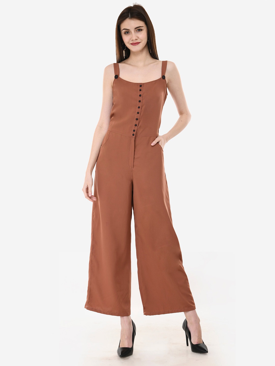 

V&M Women Brown & Black Solid Basic Jumpsuit